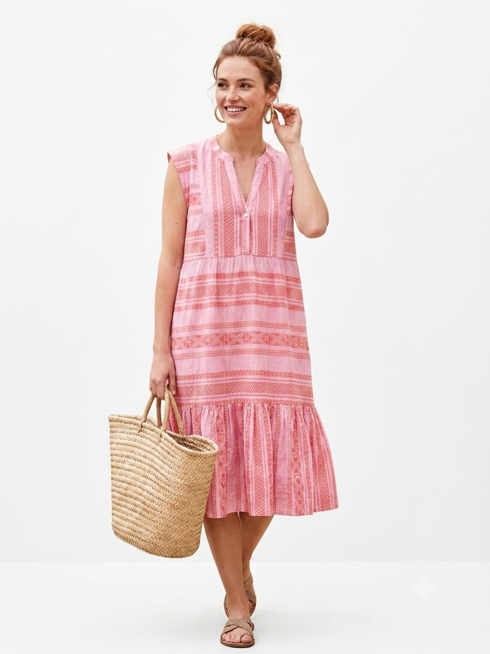 Uncle Frank Pink Patterned Cotton Sleeveless Tiered Midi Dress Boho Large